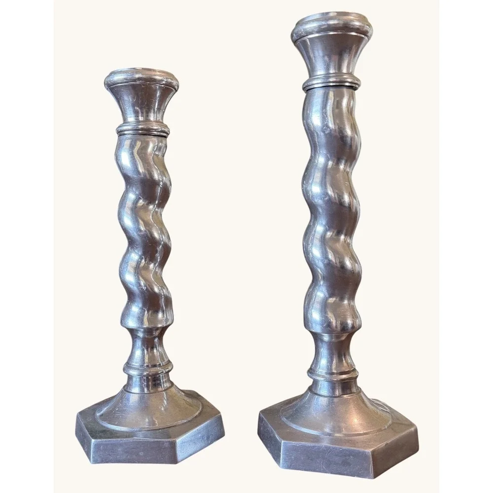 Vintage Cast Aluminum Candlesticks Pair Silver Tone Barley Twist Taper India